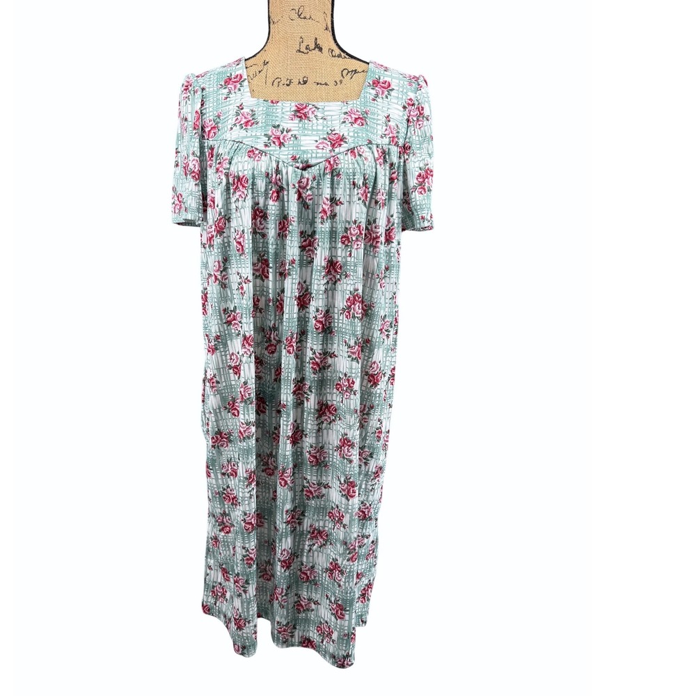 Vtg Carriage Court Nightgown Mumu M Green Pink Floral Plaid Square Neck Midi